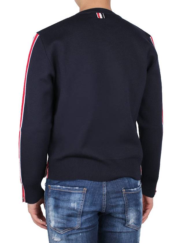 Men's Navy Three Stripes Signature Stripe Trimmed Wool Knit - THOM BROWNE - 5