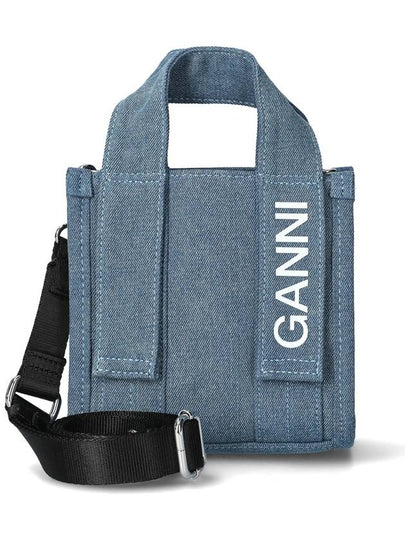 Tech Mini Logo Print Denim Tote Bag Navy - GANNI - BALAAN 2