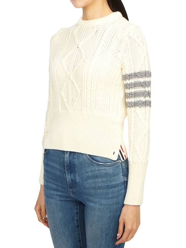 4 Bar Aran Cable Merino Crew Neck Pullover Knit Top White - THOM BROWNE - BALAAN 3