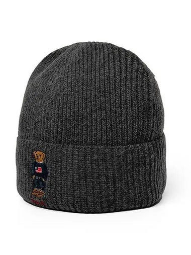 Embroidered Bear Knit Wool Beanie Charcoal - POLO RALPH LAUREN - BALAAN 1