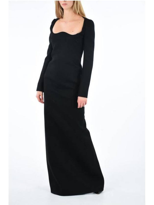 Off Shoulder Scoop Neck Wool Long Dress Black - SAINT LAURENT - BALAAN 1