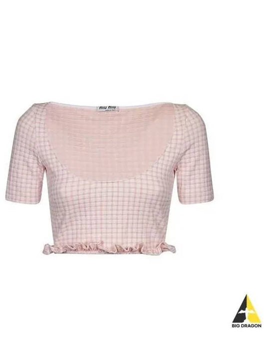 MIU Women s Check Crop Short Sleeve T Shirt Light Pink MT1741 1GEV - MIU MIU - BALAAN 1