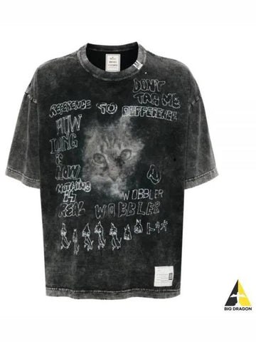 A13TS611 BLACK Distressed Cat Print T shirt - MIHARA YASUHIRO - BALAAN 1