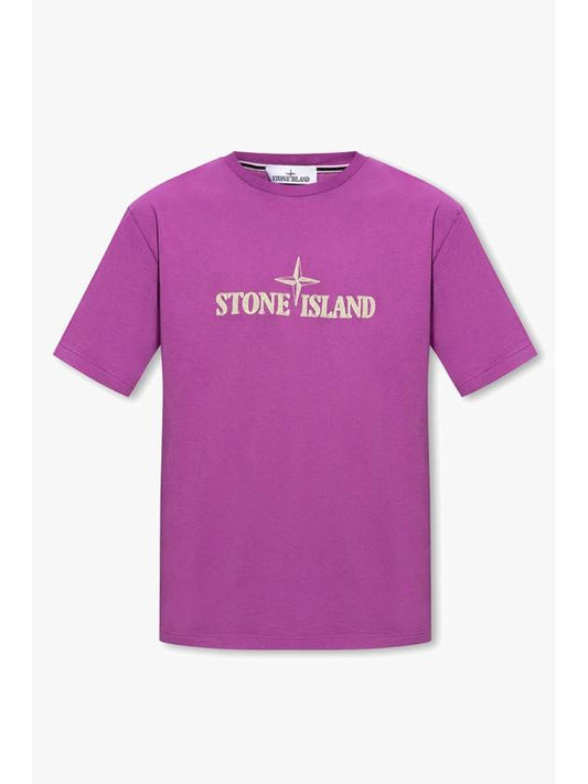 Stitches Two Embroidery Short Sleeve T-Shirt Purple - STONE ISLAND - BALAAN 2