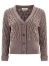 Merino Wool Crisscross Cable Stitch 3/4 Sleeve V-Neck Cardigan Medium Brown - THOM BROWNE - BALAAN 1