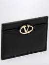 V Logo Signature Leather Card Wallet Black - VALENTINO - BALAAN 3