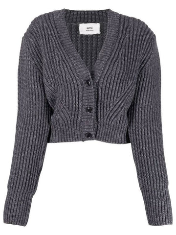 V-neck wool crop cardigan gray - AMI - BALAAN.