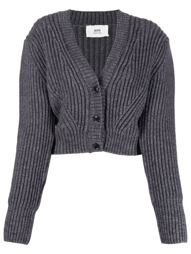 V-neck Ribbed Wool Crop Cardigan Grey - AMI - BALAAN 1