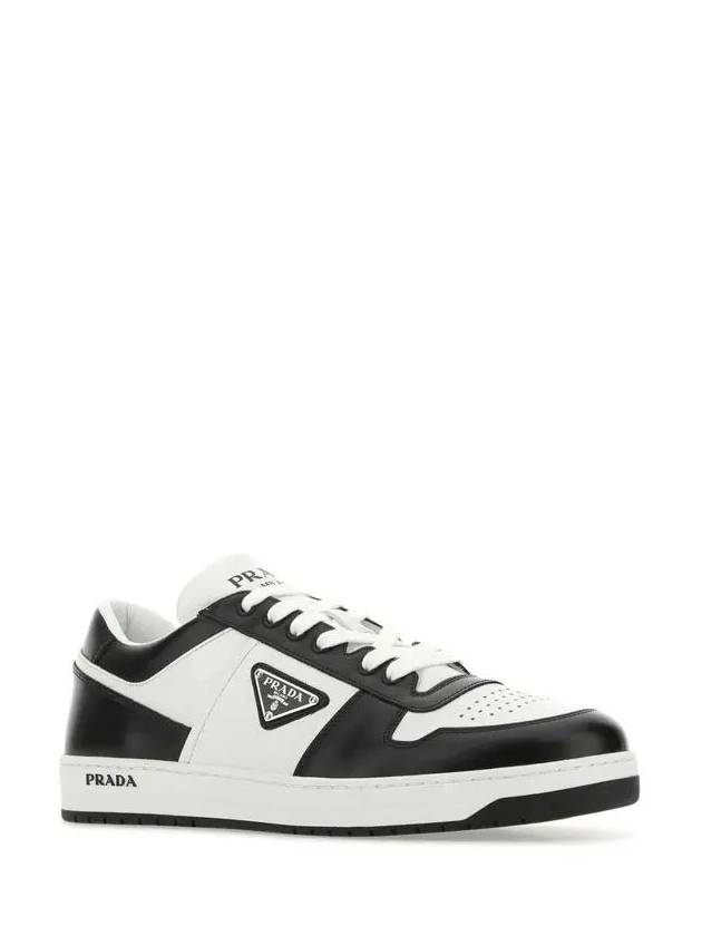 Men's Downtown Triangle Logo Leather Low Top Sneakers White Black - PRADA - BALAAN 4