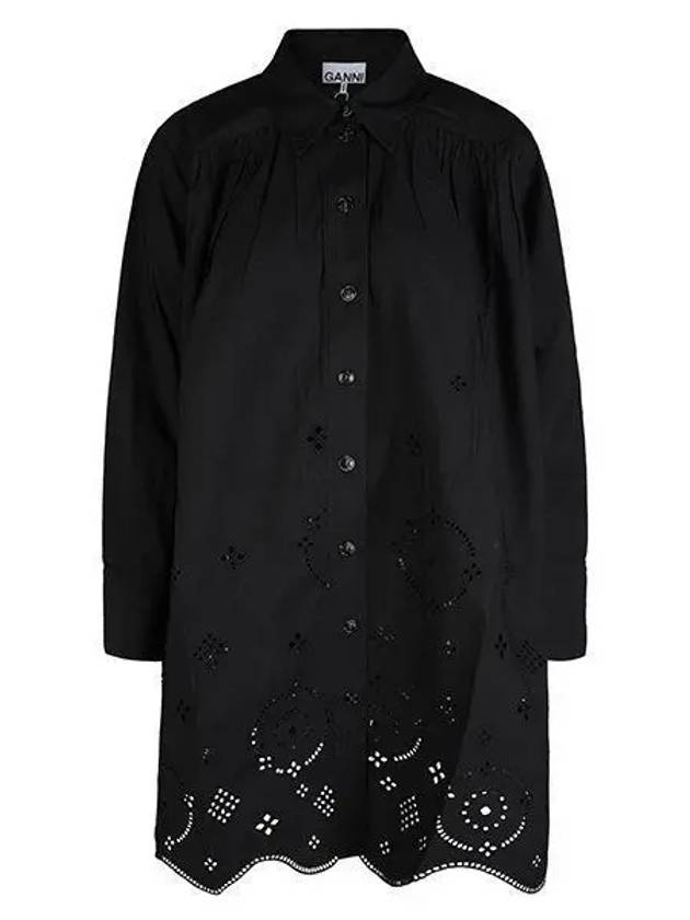 Poplin Punching Detail Shirt Long Sleeve Short Dress Black - GANNI - BALAAN 2