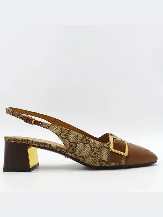 701717 GG logo fabric brown leather women s slingback shoes size 38 250MM - GUCCI - BALAAN 4