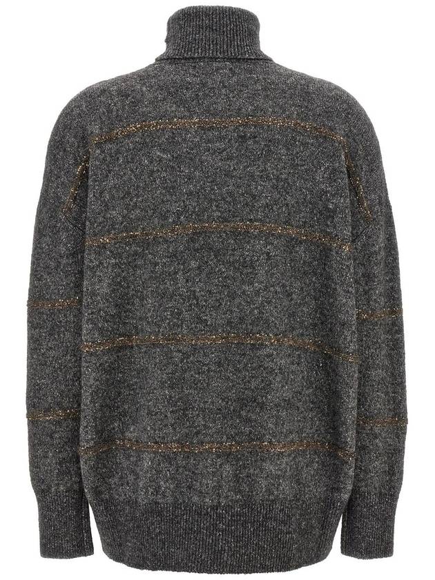 Grey High Neck Sweater With Stripe Motif In Alpaca Blend Woman - BRUNELLO CUCINELLI - BALAAN 2