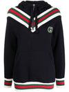 Interlocking G Web Detail Half Zip-Up Cotton Jersey Hooded Top Navy - GUCCI - BALAAN 1