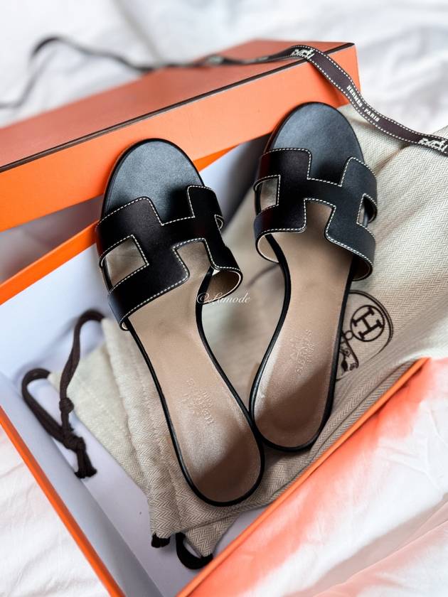 Oasis Calfskin Slipper Heels Noir Piqures Ecrues - HERMES - BALAAN 9