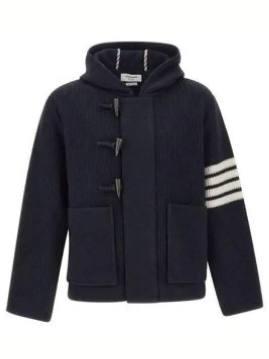 Boiled Wool Half Cardigan Stitched Hooded 4 Bar Double Jacket Navy - THOM BROWNE - BALAAN 2