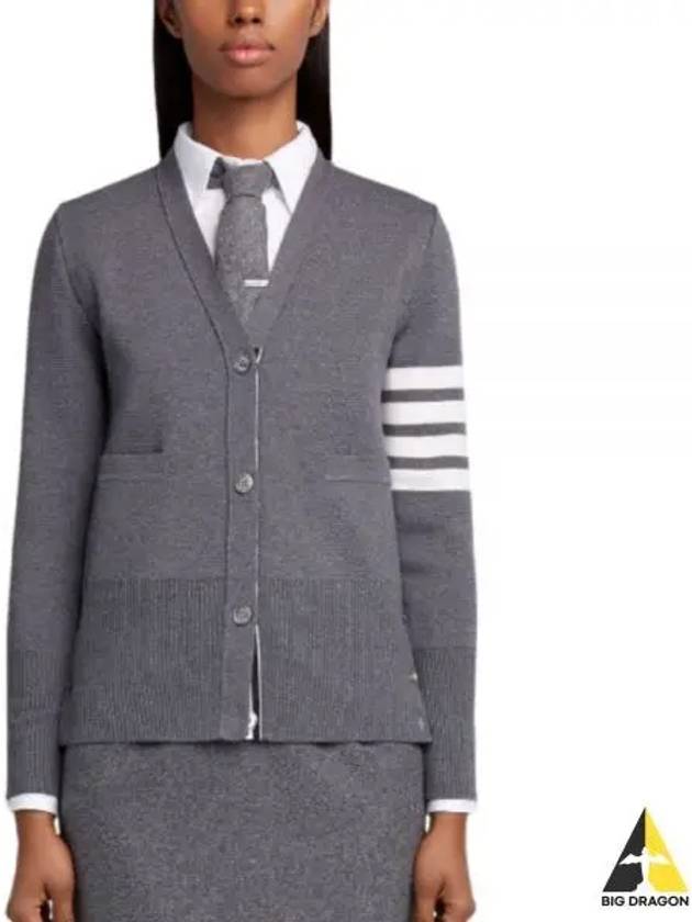 Milano Stitch 4 Bar Classic V Neck Fine Merino Wool Cardigan Medium Grey - THOM BROWNE - BALAAN 2