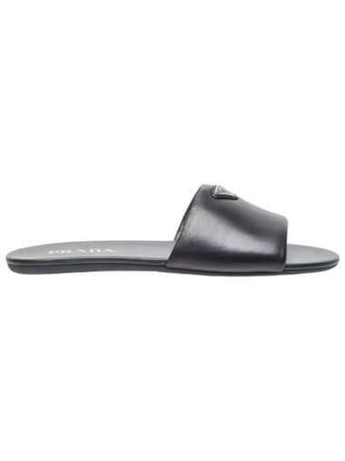 Logo Leather Slide Slippers Black - PRADA - BALAAN 1