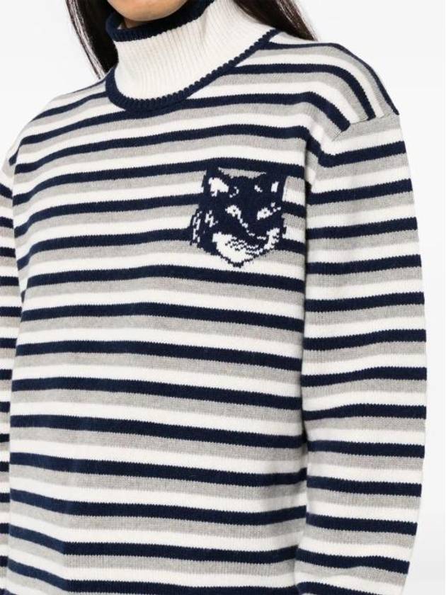 Fox Head Intarsia Striped High Neck Comfort Knit Top White Navy - MAISON KITSUNE - BALAAN 6