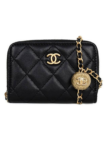 CC Logo Gold Ball Chain Lambskin Card Wallet Black - CHANEL - BALAAN 1