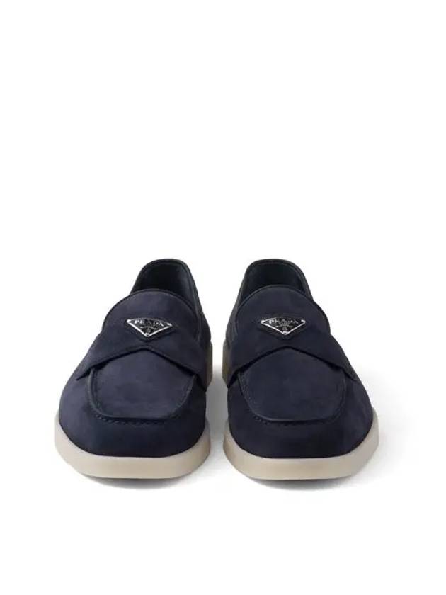 Triangle Logo Suede Loafers Navy - PRADA - BALAAN 5