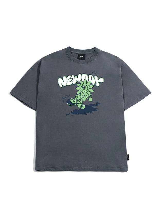 New Day Flower Short Sleeve T-Shirt Dark Grey - MOO - BALAAN 2