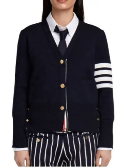 Milano Stitch 4 Bar Classic V Neck Fine Merino Wool Cardigan Navy - THOM BROWNE - BALAAN 2