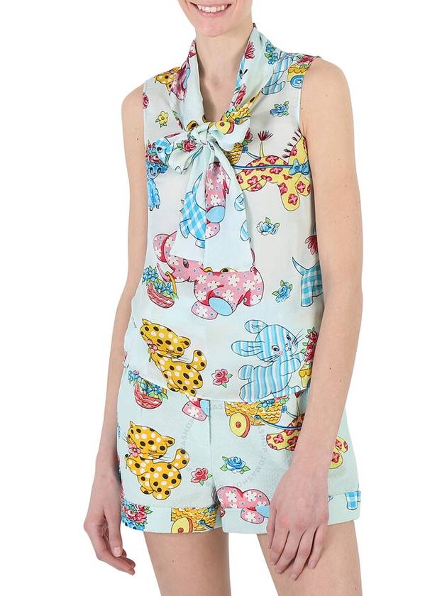 Moschino Light Blue Calico Animals Print Viscose Sleeveless Blouse, Brand Size 40 (US Size 6) - MOSCHINO - BALAAN 1