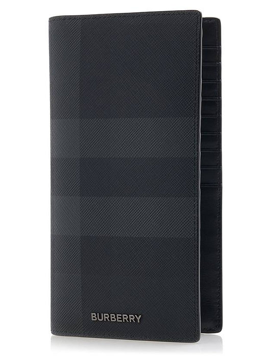 Logo Checked Leather Long Wallet Charcoal - BURBERRY - BALAAN 2