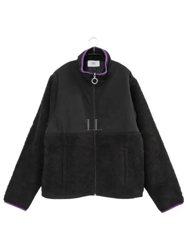 Logo Zip-up Shearling Jacket Black - AMI - BALAAN 2