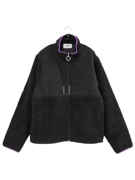 Logo Zip-up Shearling Jacket Black - AMI - BALAAN 2