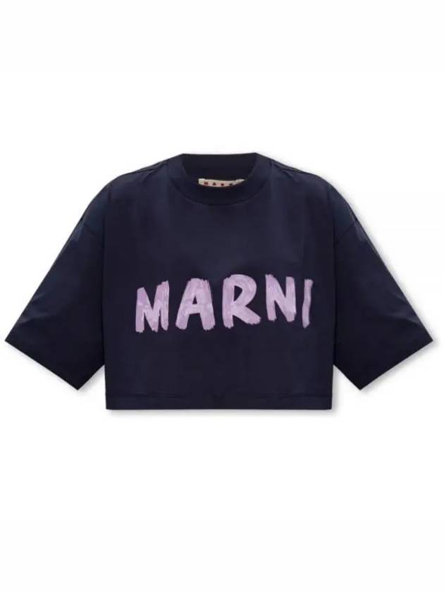 Logo Cotton Crop Short Sleeve T-Shirt Navy - MARNI - BALAAN 2