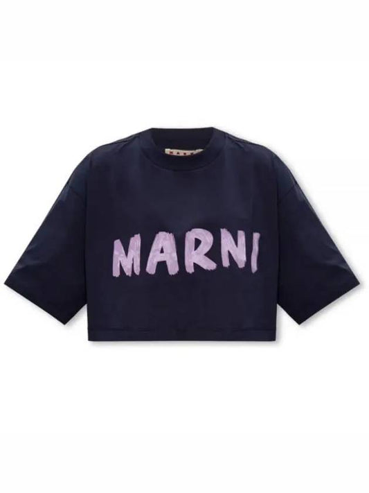 Logo Cotton Crop Short Sleeve T-Shirt Navy - MARNI - BALAAN 2