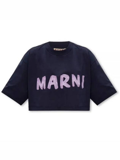 Logo Cotton Crop Short Sleeve T-Shirt Navy - MARNI - BALAAN 2