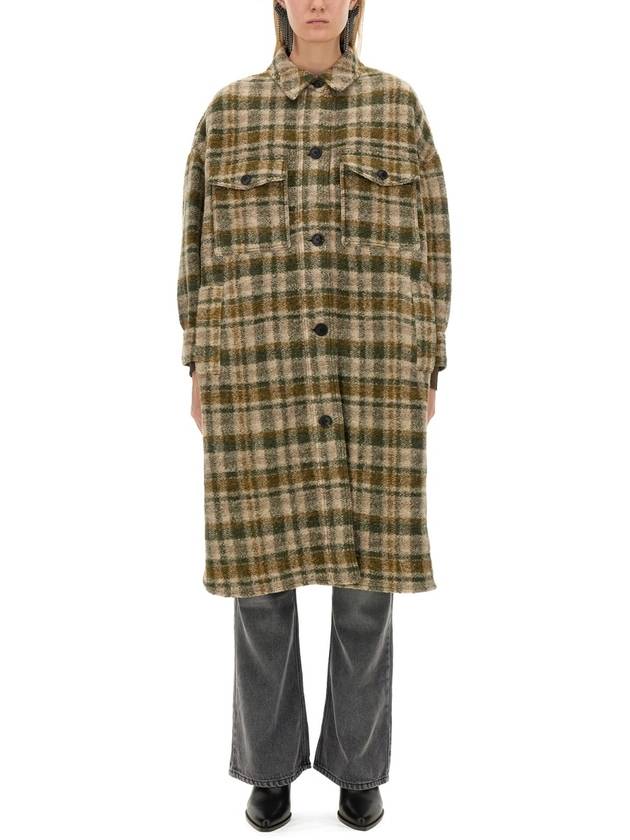 Fontizi Long Check Wool Single Coat Khaki Ecru - ISABEL MARANT ETOILE - BALAAN 2