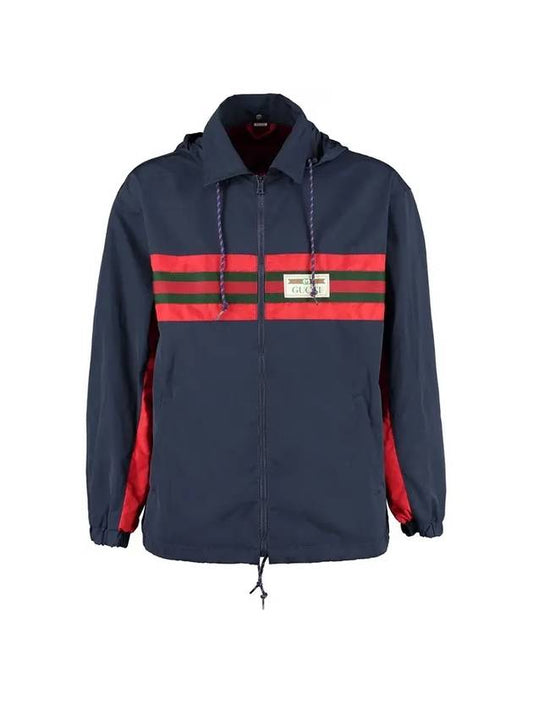 Men's Web Label Hooded Jacket Blue - GUCCI - BALAAN 1