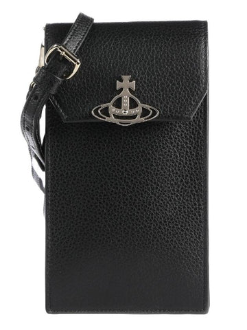 Gold Logo Grained Leather Phone Cross Bag Black - VIVIENNE WESTWOOD - BALAAN 1