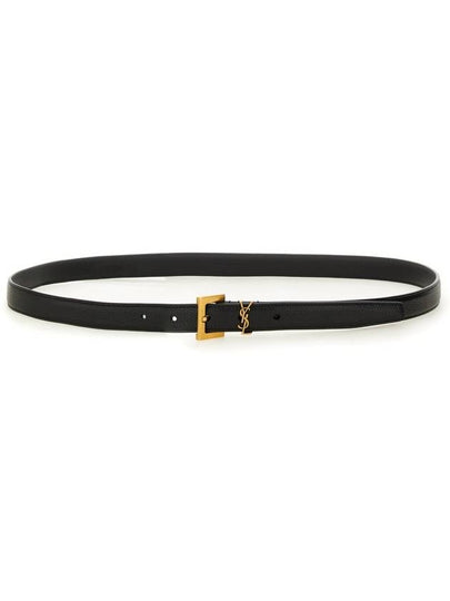 Cassandre Grained Leather Square Buckle Thin Belt Black - SAINT LAURENT - BALAAN 2