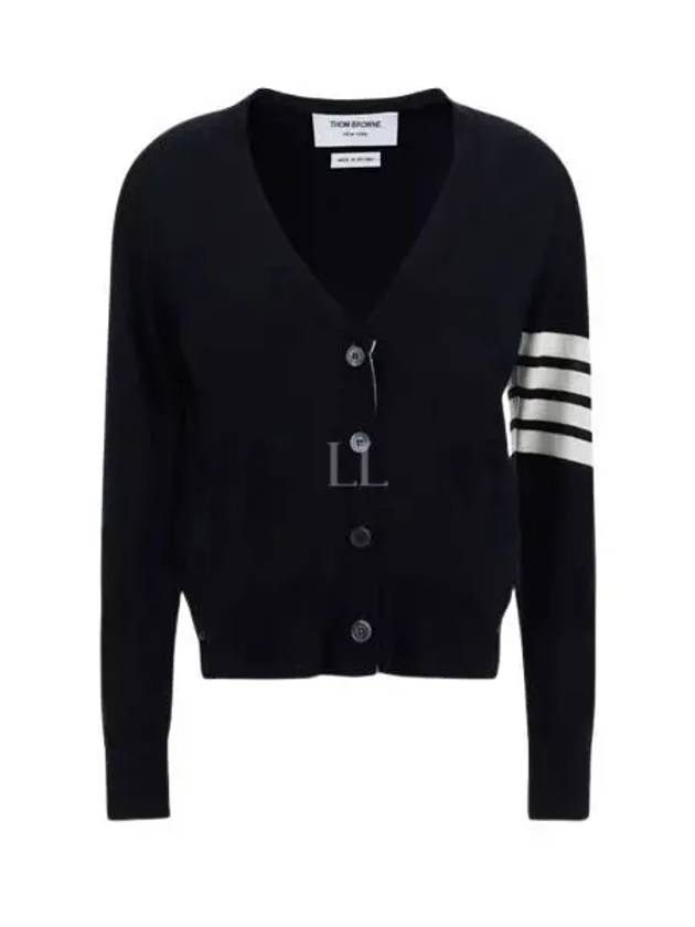 Sustainable Fine Merino Wool 4-Bar Relaxed Fit V-Neck Cardigan Navy - THOM BROWNE - BALAAN 2