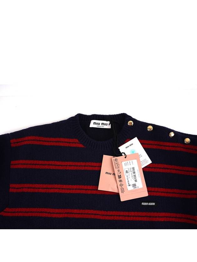 Striped Logo Shetland Wool Crew Neck Knit Top Red Blue - MIU MIU - BALAAN 3