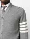 4-Bar Striped Waffle High V-Neck Cardigan Light Grey - THOM BROWNE - BALAAN 4