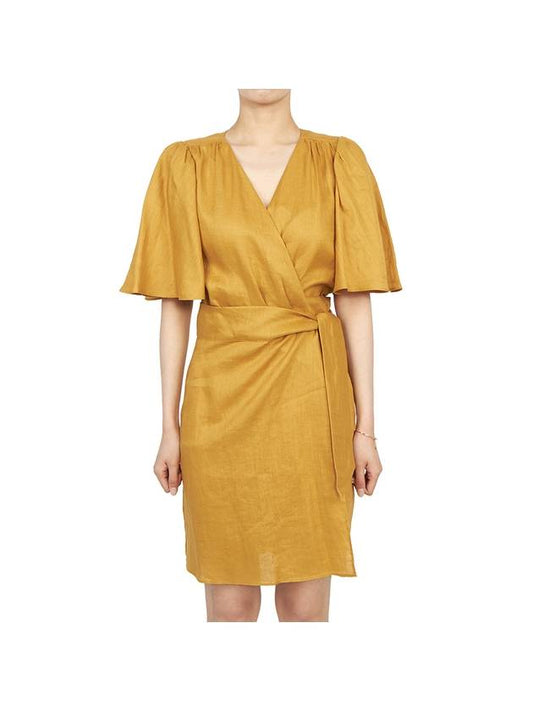 Women's V-neck Twisted Linen Midi Dress Yellow - VANESSA BRUNO - BALAAN 1