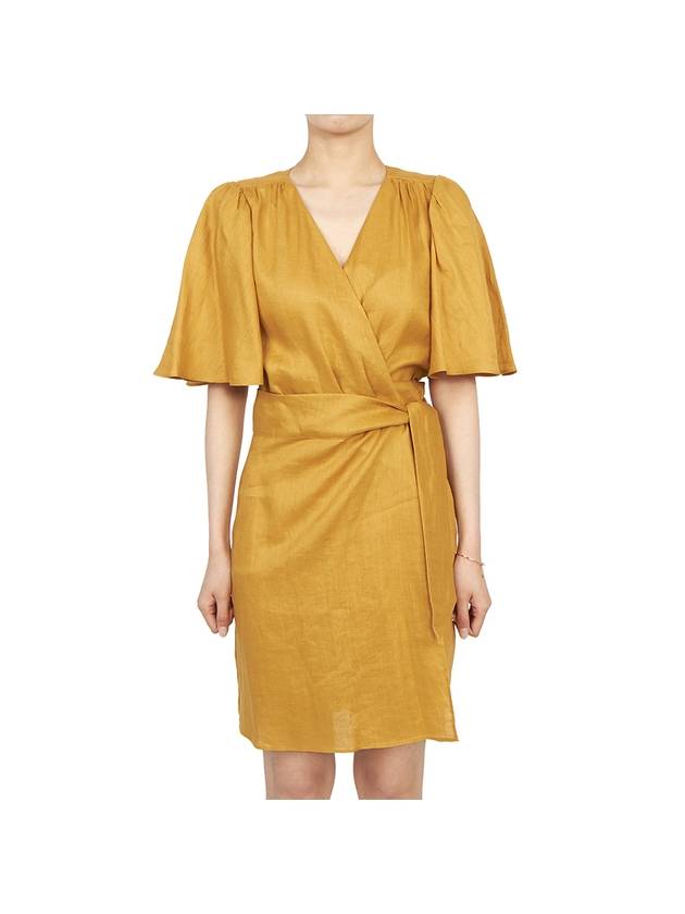 Women's V-neck Twisted Linen Midi Dress Yellow - VANESSA BRUNO - BALAAN 2