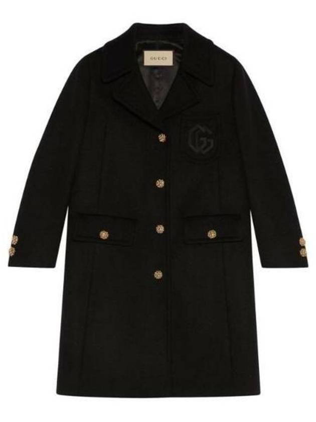 Women's Double G Embroidery Wool Single Coat Black - GUCCI - BALAAN 2