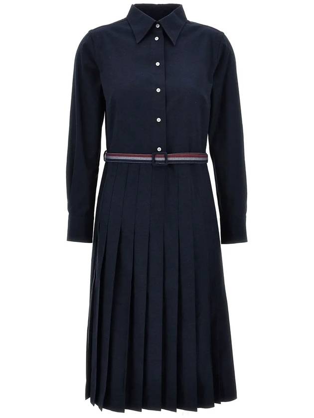 Striped cotton flannel midi pleated bottom belted dress - THOM BROWNE - BALAAN 1