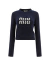 Women's Logo Cashmere Knit Top Blue - MIU MIU - BALAAN.