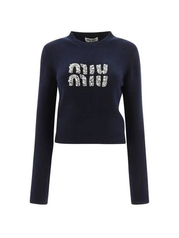 Women's Logo Cashmere Knit Top Blue - MIU MIU - BALAAN 1