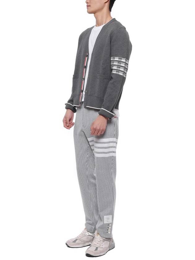 4-Bar V-Neck Hector Jacquard Cotton Cardigan Grey - THOM BROWNE - BALAAN 5