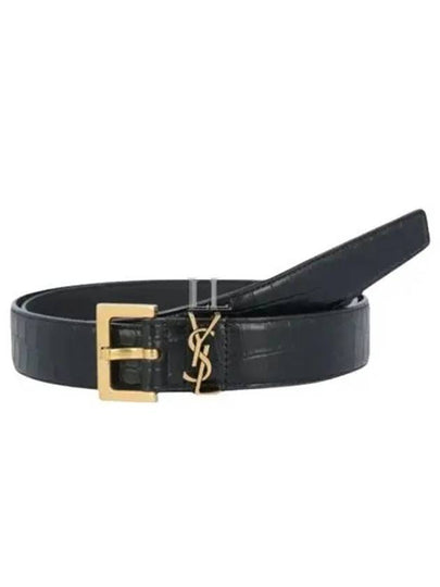 Cassandra Square Crocodile Leather Buckle Belt Black - SAINT LAURENT - BALAAN 2