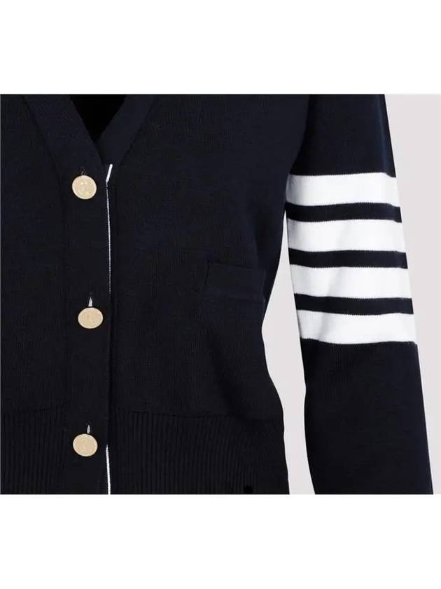 Milano Stitch 4 Bar Classic V Neck Fine Merino Wool Cardigan Navy - THOM BROWNE - BALAAN 4