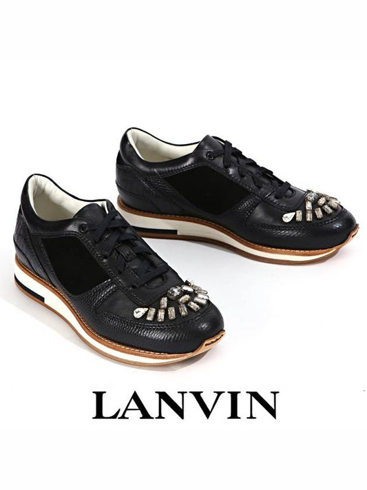 Women's Leather Crystal Running Low Top Sneakers Black - LANVIN - BALAAN 2